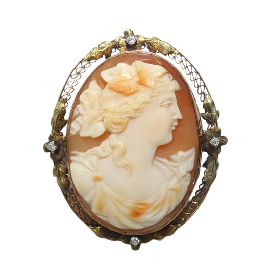 Cameo 10K Gold & Diamond Brooch/ Pendant