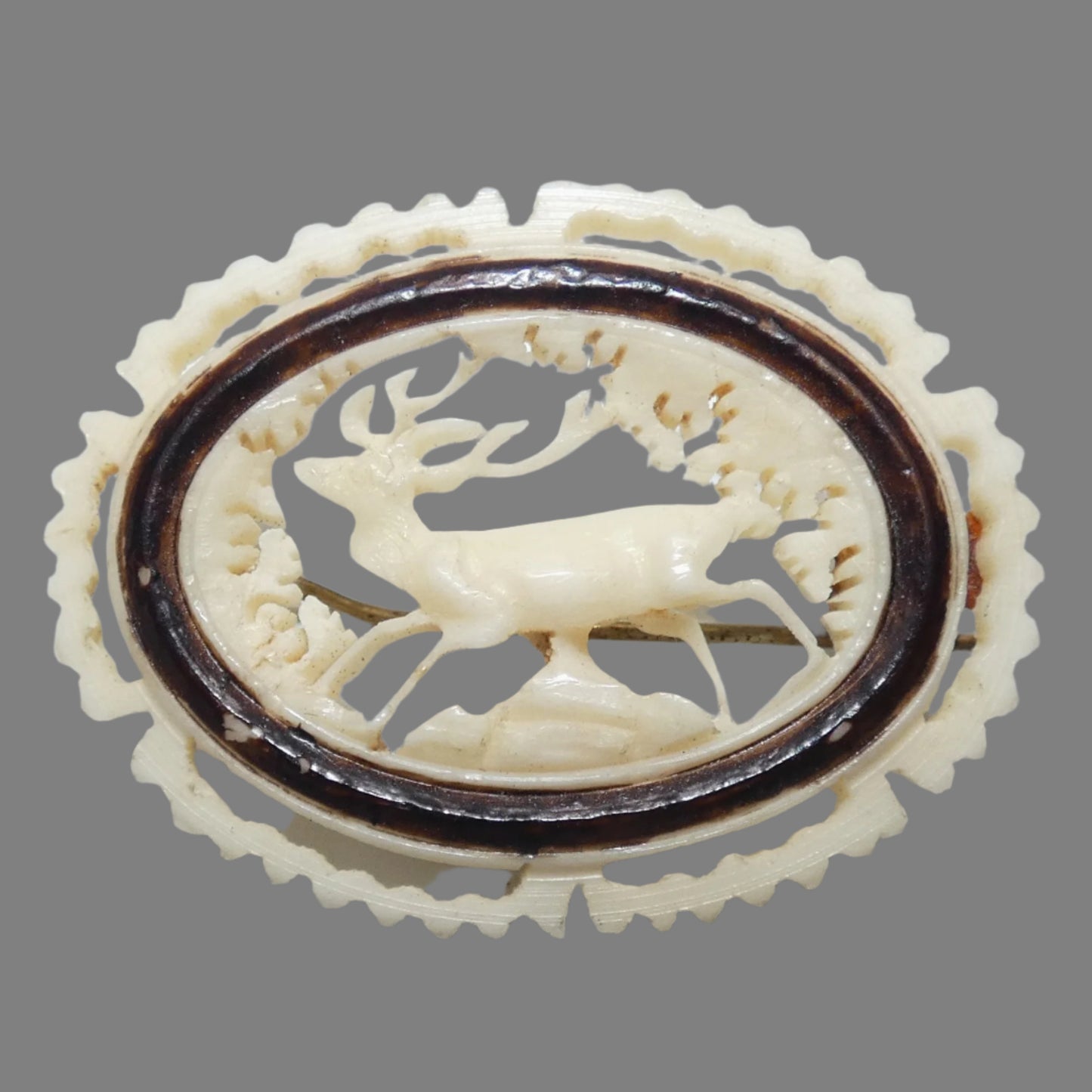 Celluloid Outdoor Buck Deer Woodland Scene Pin