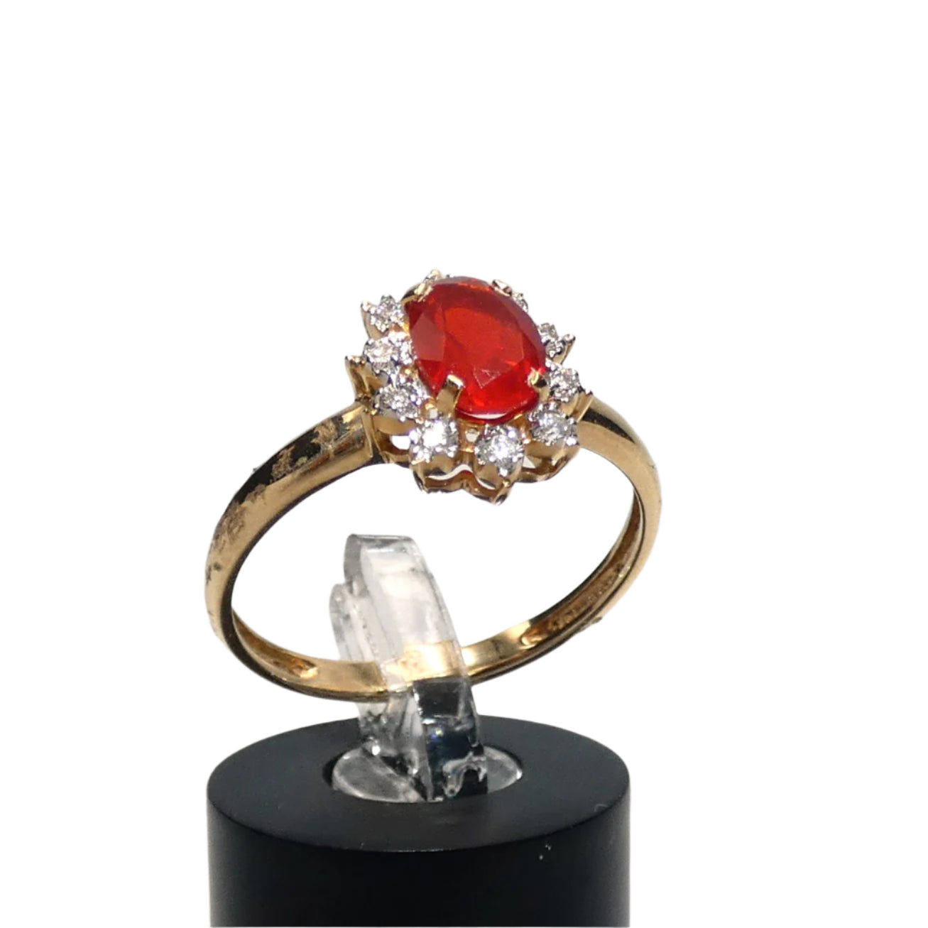 14K Gold Fire Opal & Diamond Ring