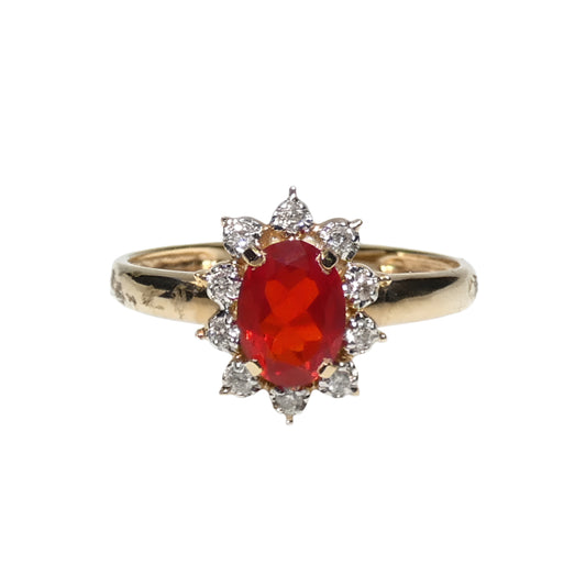 14K Gold Fire Opal & Diamond Ring