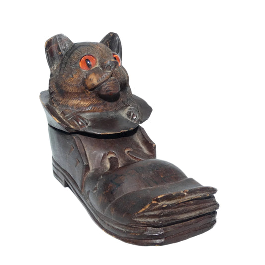 Inkwell Cat in Boot Wood Carved