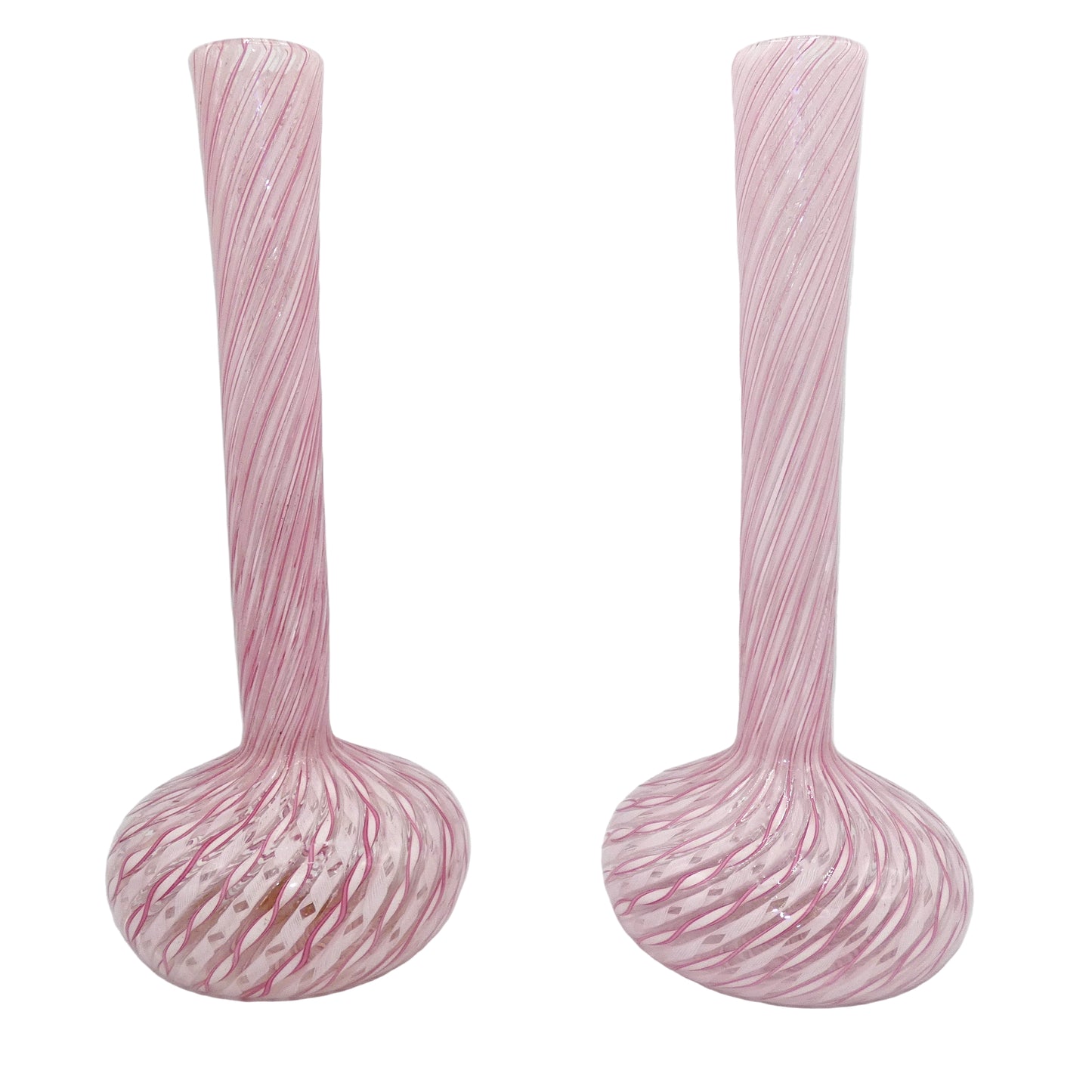 Murano Fratelli Toso Pair Pink & White Latticino Vases