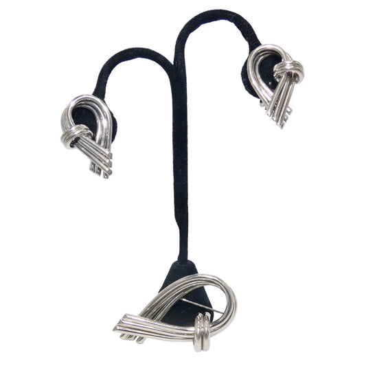 Silver Tone Knot Clip-On Earrings & Pin
