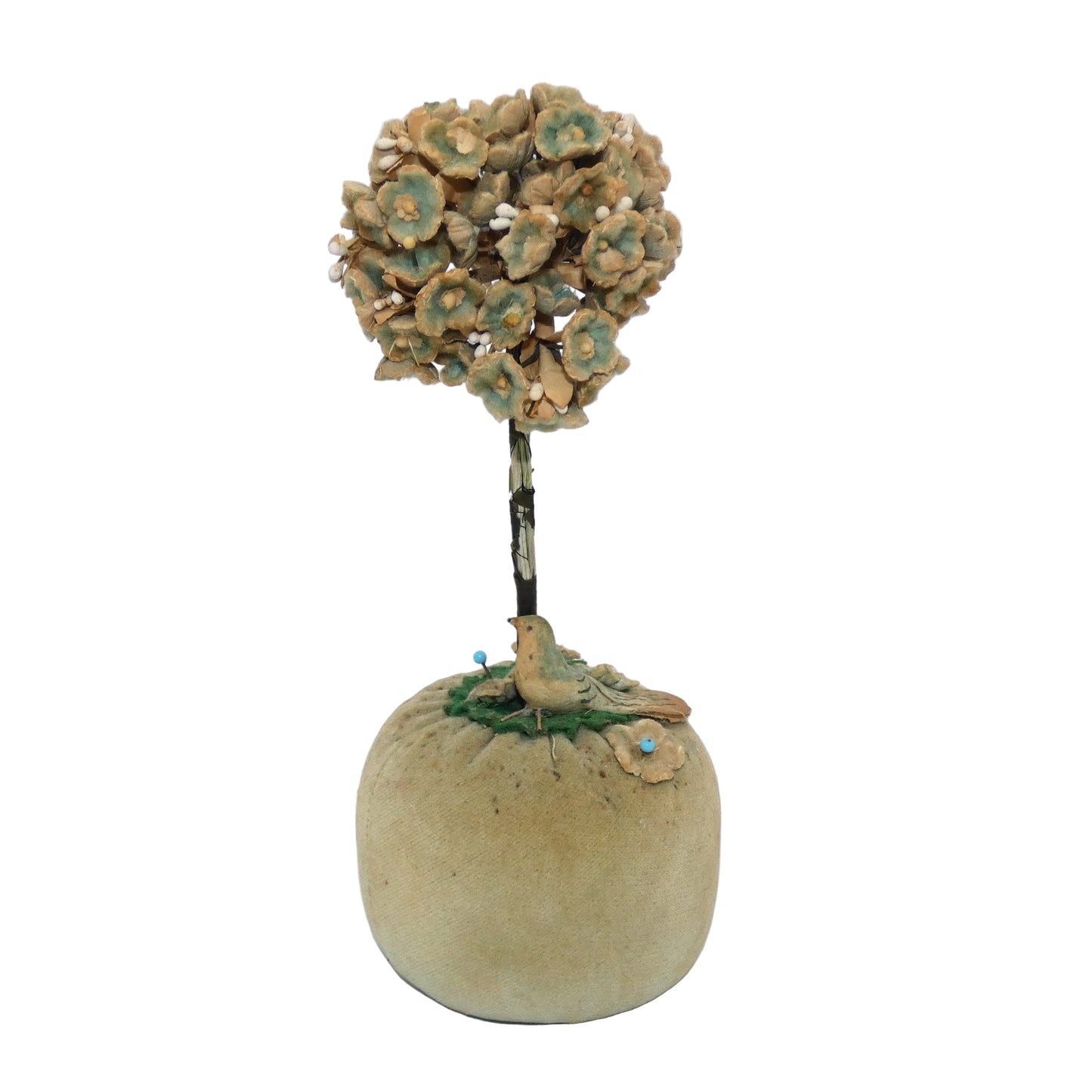 Folk Art Velvet Pin Cushion with bird and Flower Tree