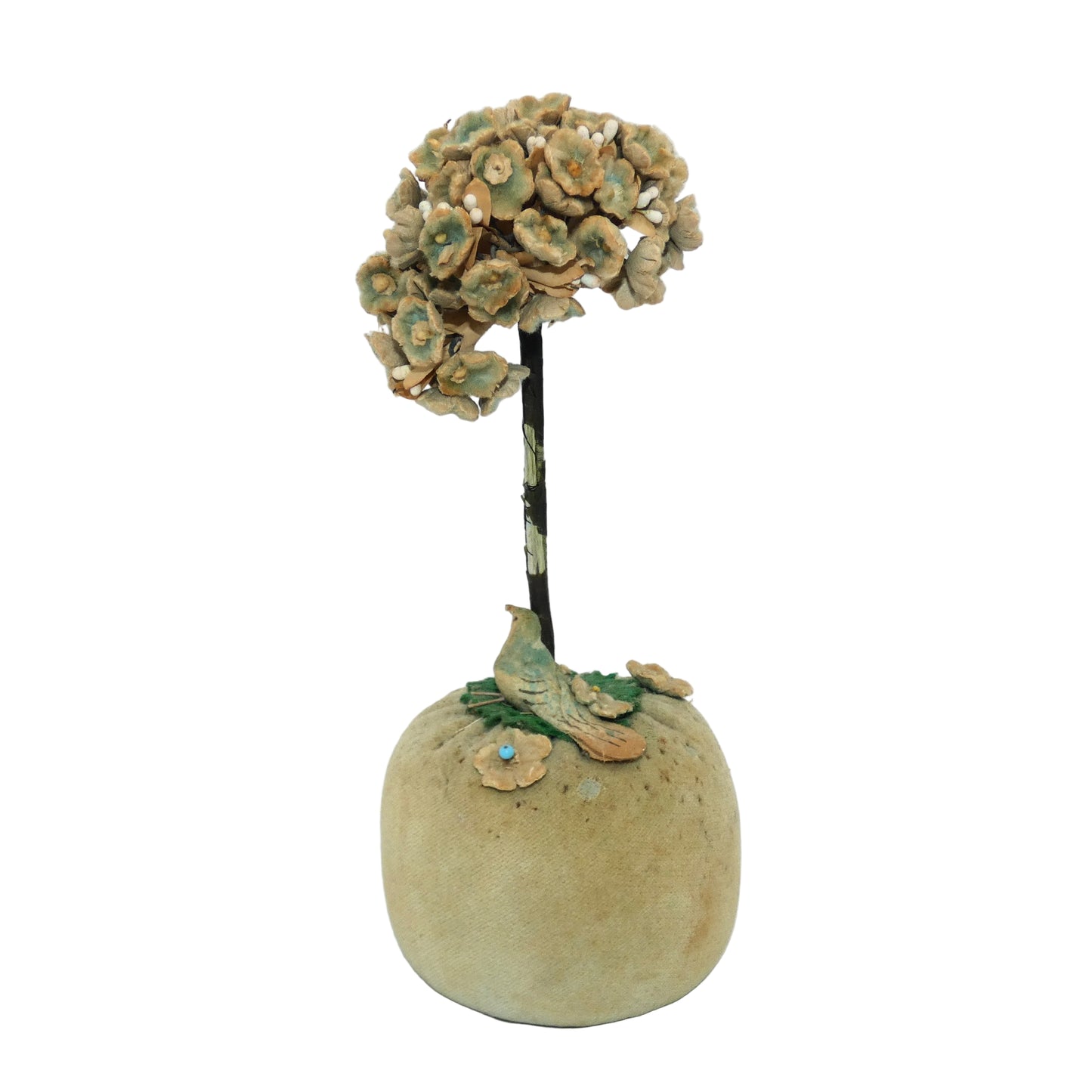 Folk Art Velvet Pin Cushion with bird and Flower Tree