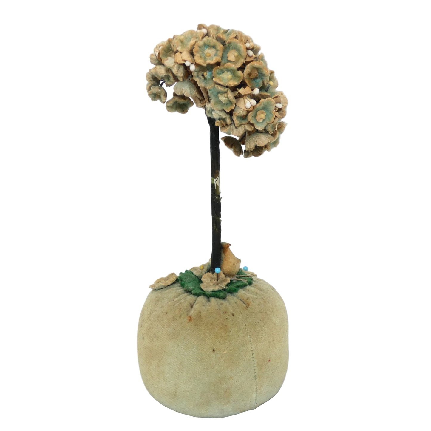 Folk Art Velvet Pin Cushion with bird and Flower Tree