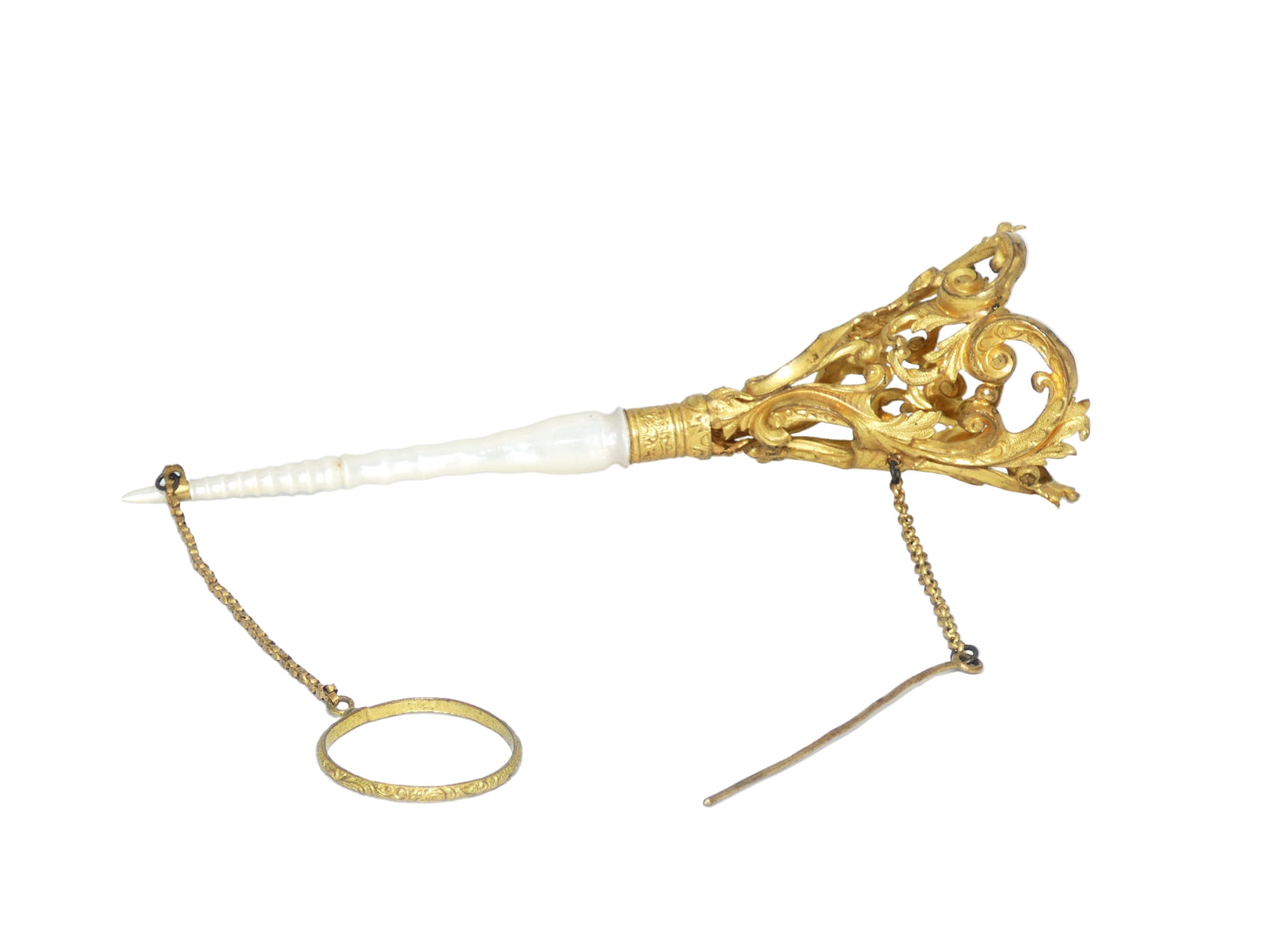 Antique Victorian Tussie-Mussie Gilt Metal, Mother of Pearl Flower Posy Holder