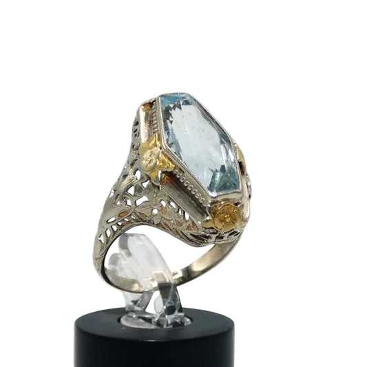 14K White & Yellow Gold Art Deco Aquamarine Ring