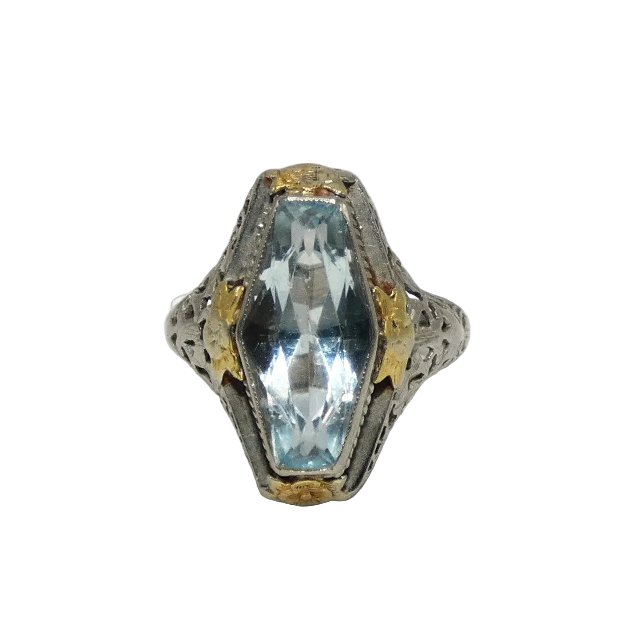 14K White & Yellow Gold Art Deco Aquamarine Ring