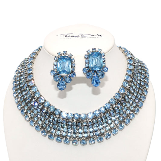 Vintage Ligh blue Rhinestone Statement Necklace & Earrings