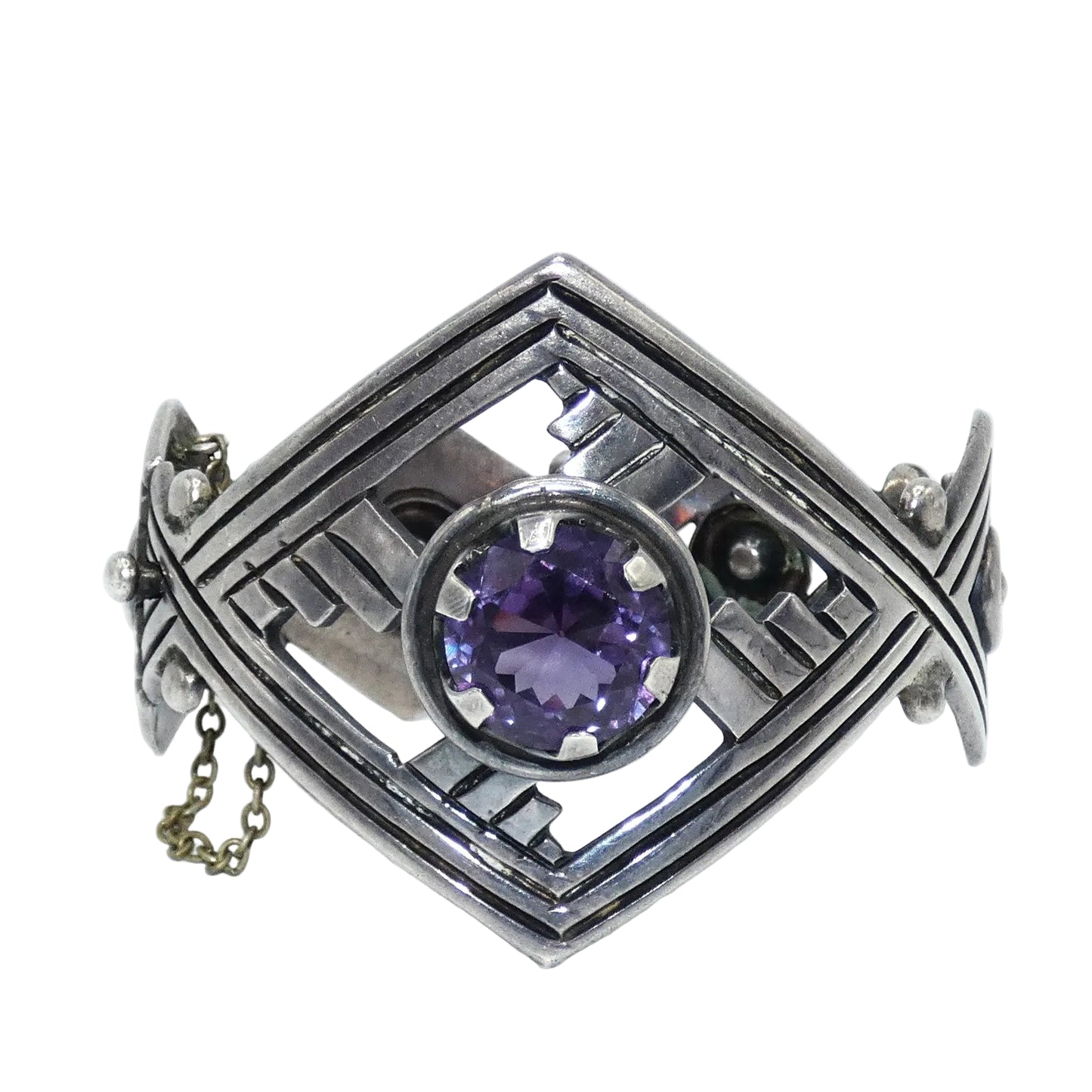 Sterling Silver Taxco Mexico Cuff Bracelet with Pink to Purple Sapphire