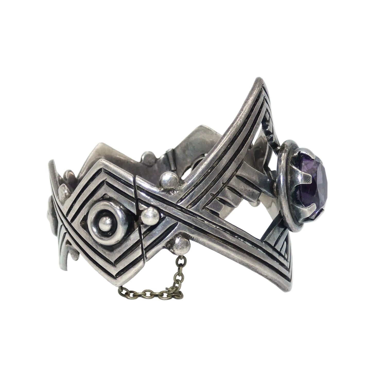Sterling Silver Taxco Mexico Cuff Bracelet with Pink to Purple Sapphire