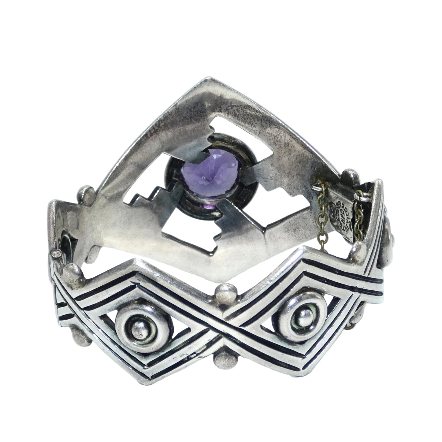 Sterling Silver Taxco Mexico Cuff Bracelet with Pink to Purple Sapphire
