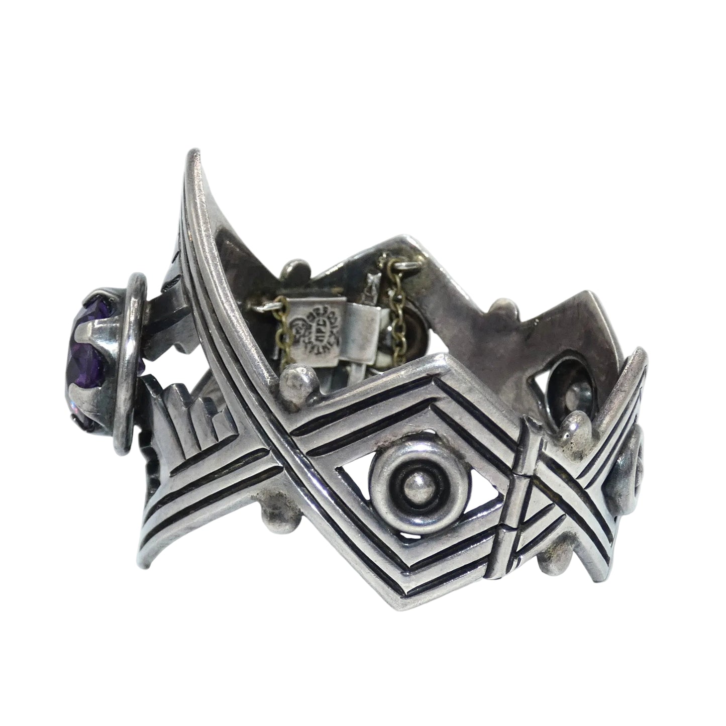 Sterling Silver Taxco Mexico Cuff Bracelet with Pink to Purple Sapphire
