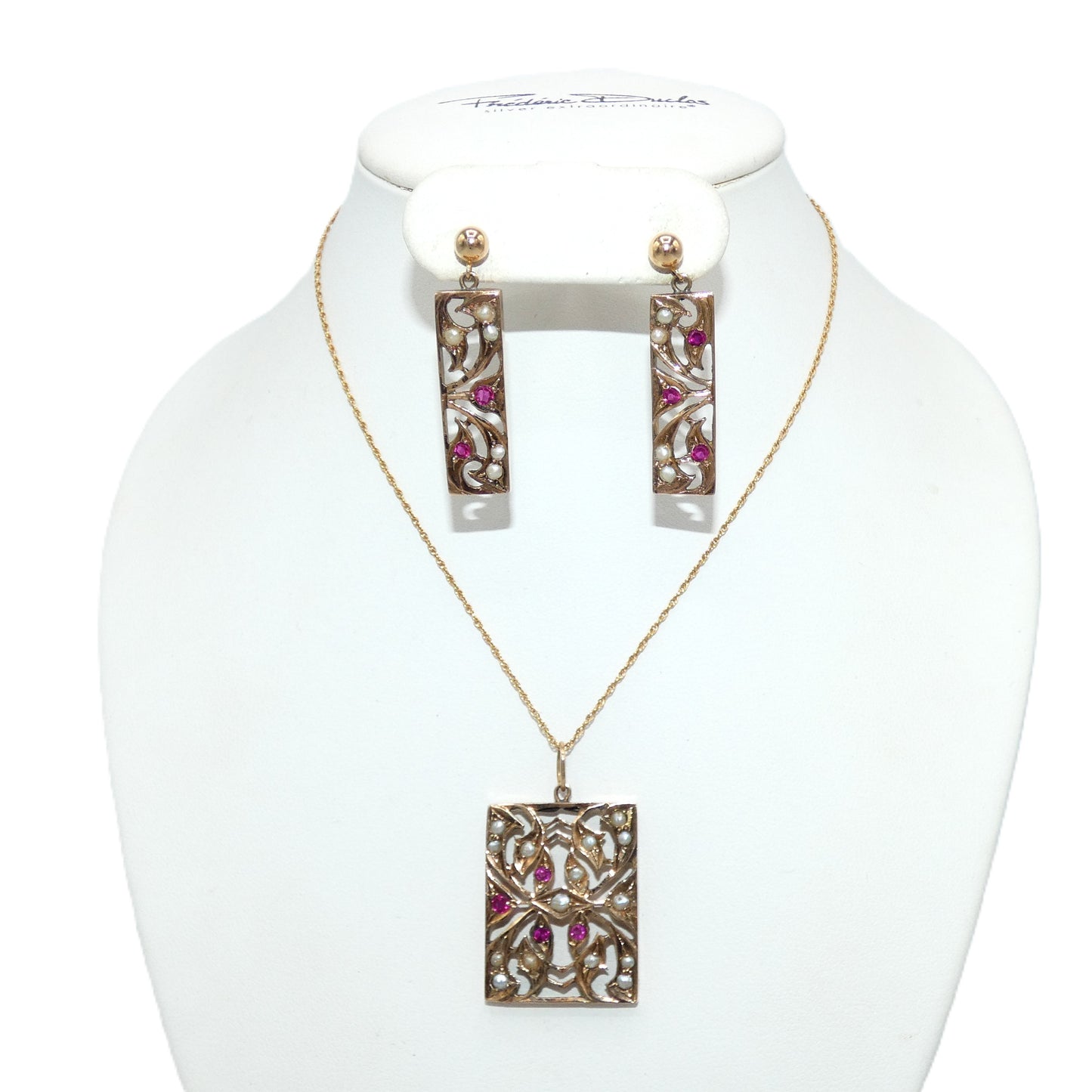 14K Gold Ruby & Pearl Necklace and Earring Set