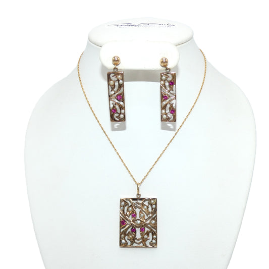 14K Gold Ruby & Pearl Necklace and Earring Set
