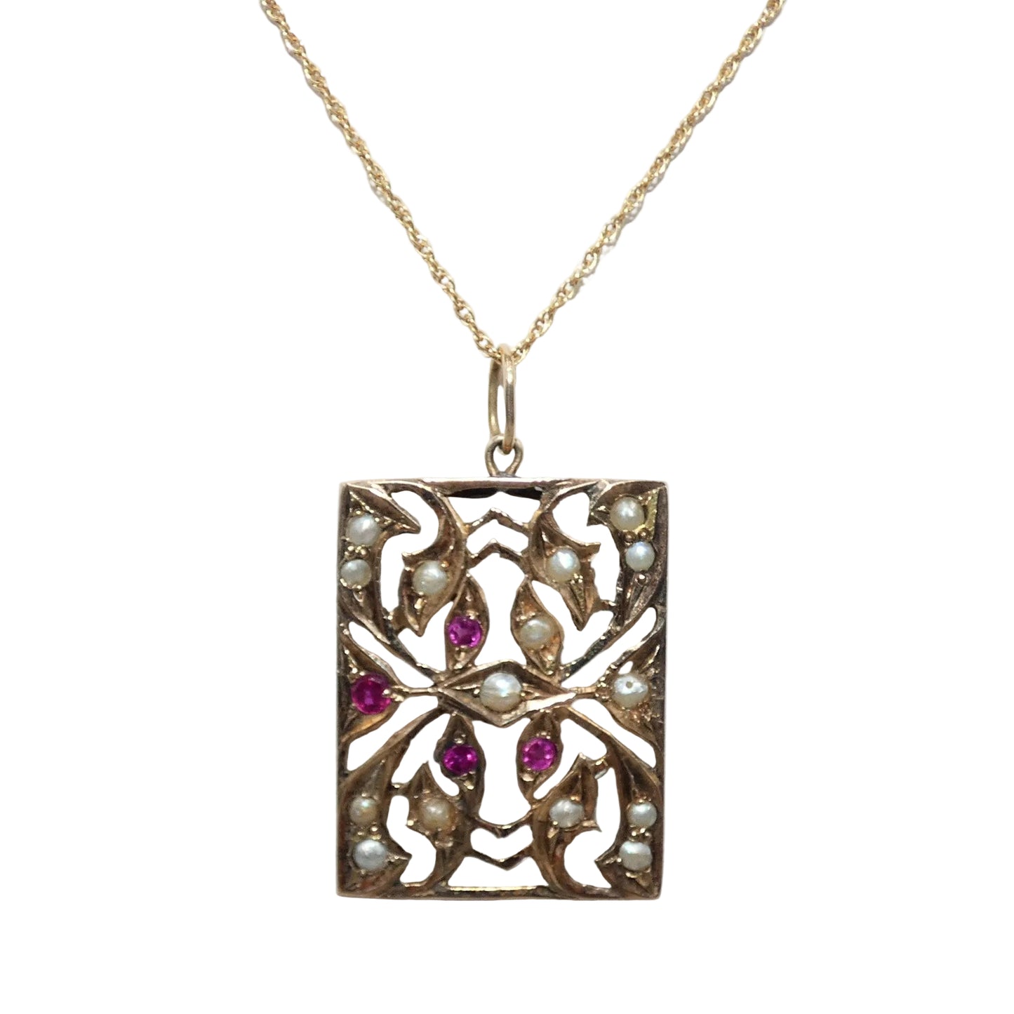 14K Gold Ruby & Pearl Necklace and Earring Set