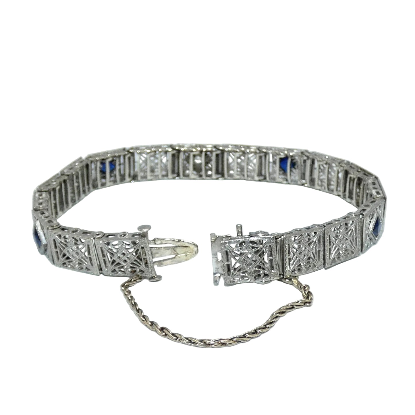 14K Art Deco White Gold Bracelet with Diamonds & Sapphires