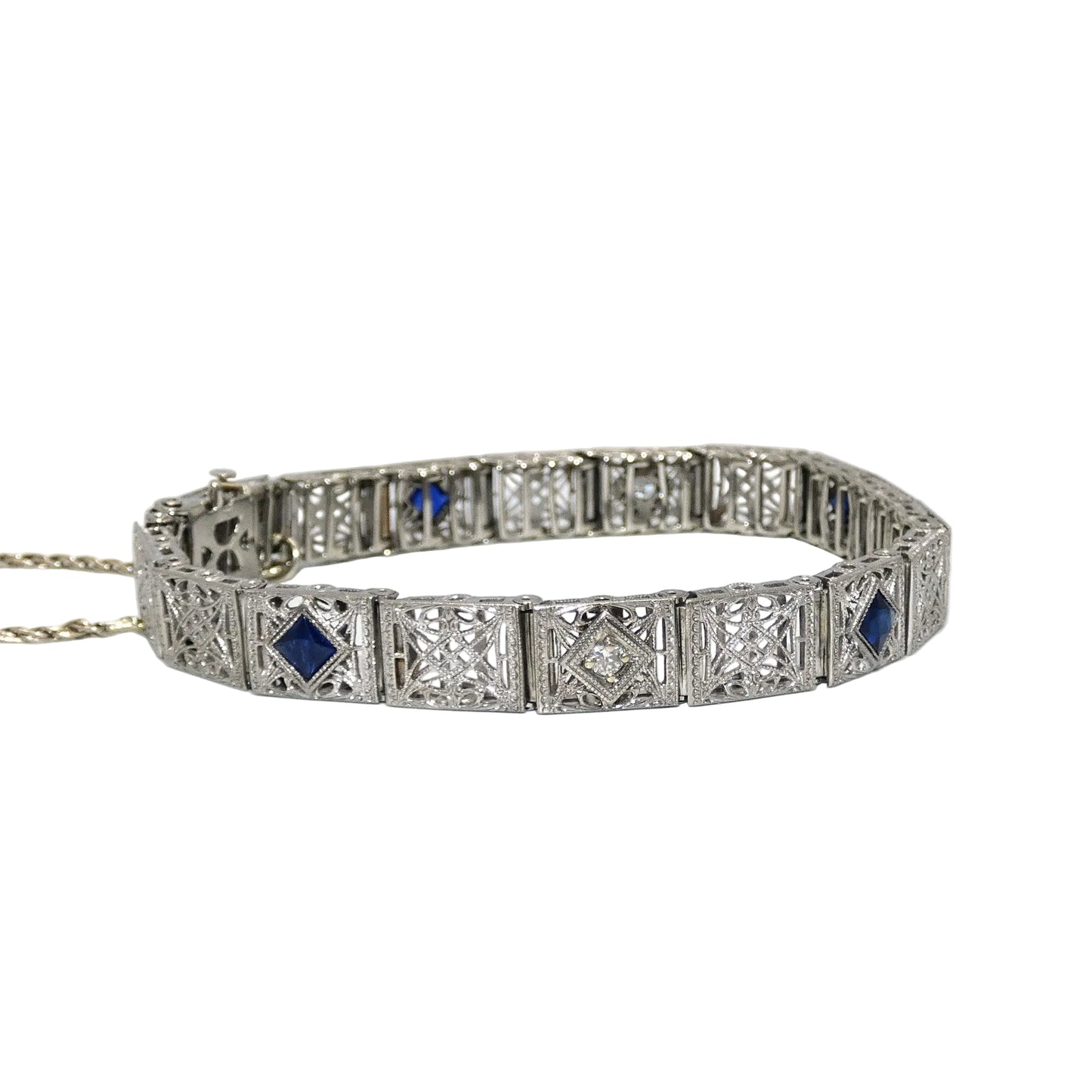 14K Art Deco White Gold Bracelet with Diamonds & Sapphires