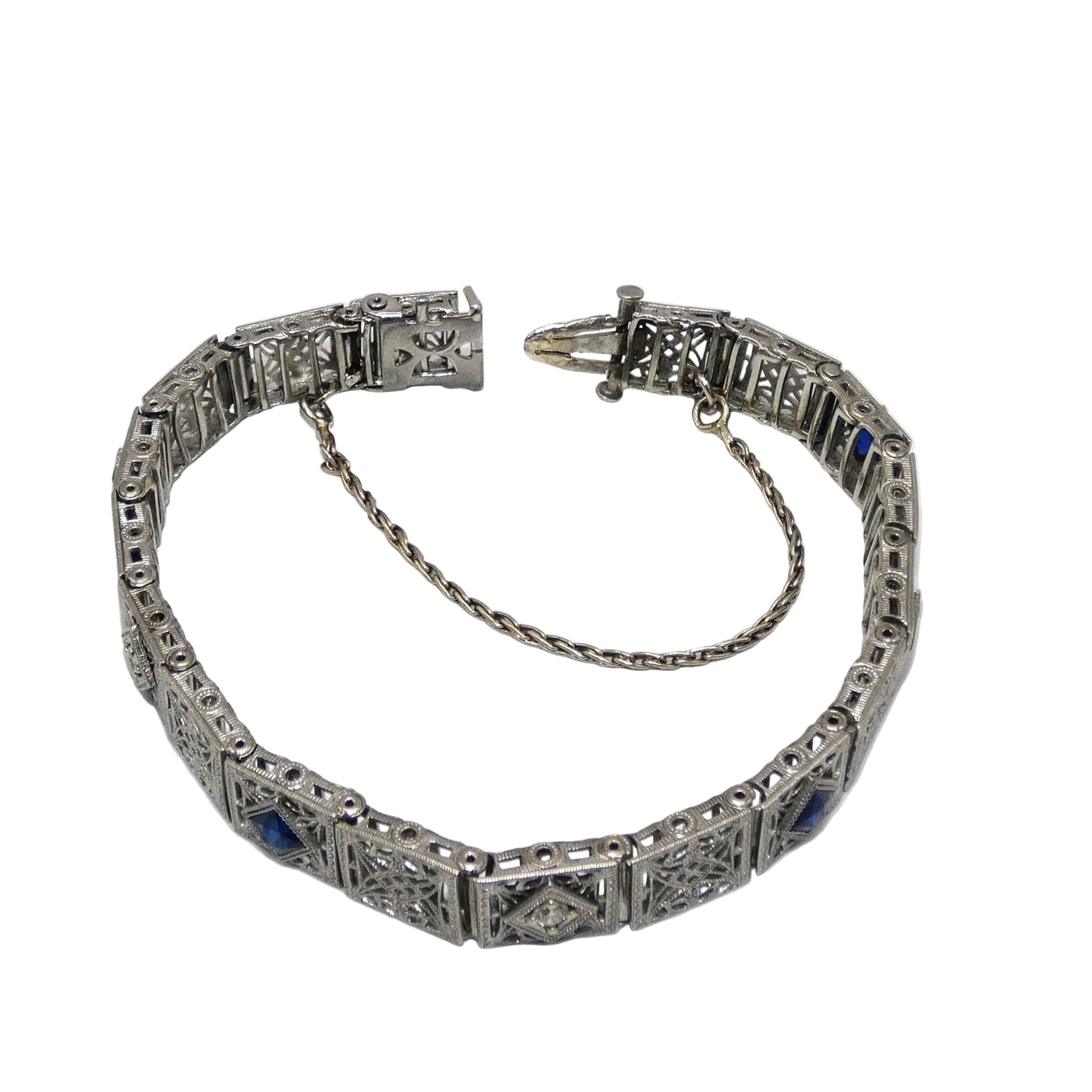 14K Art Deco White Gold Bracelet with Diamonds & Sapphires