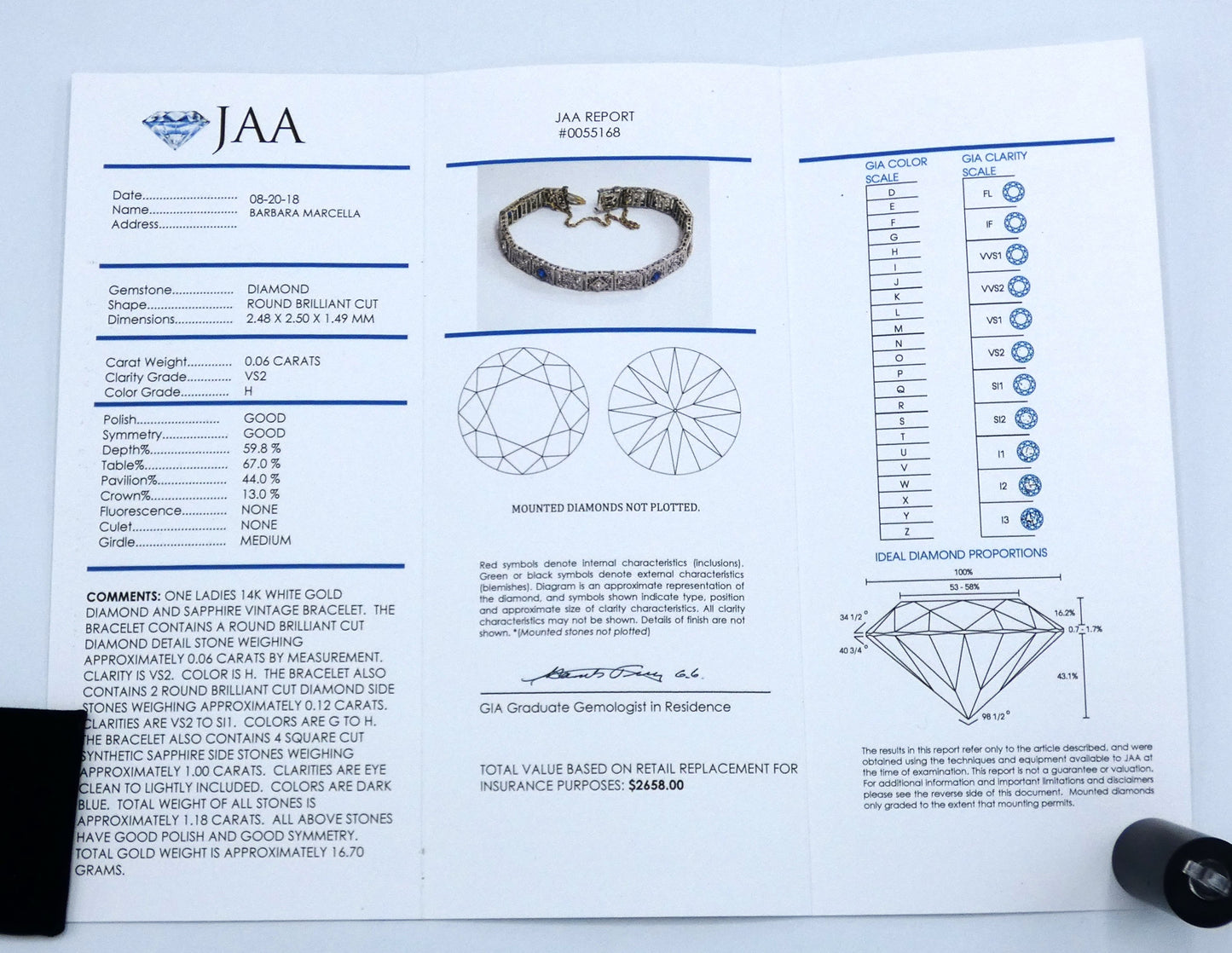 14K Art Deco White Gold Bracelet with Diamonds & Sapphires