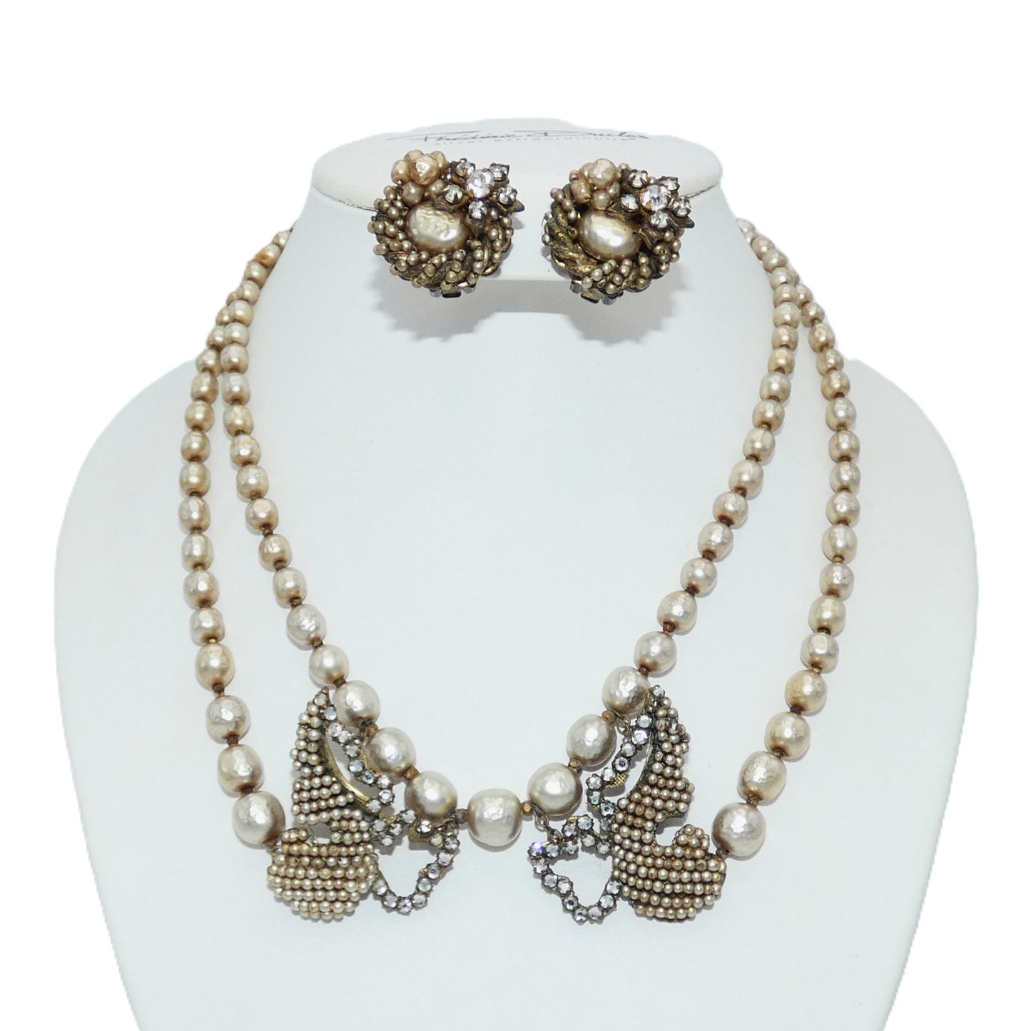 Miriam Haskell Faux Baroque Pearls Butterfly Necklace &  Cluster Earrings