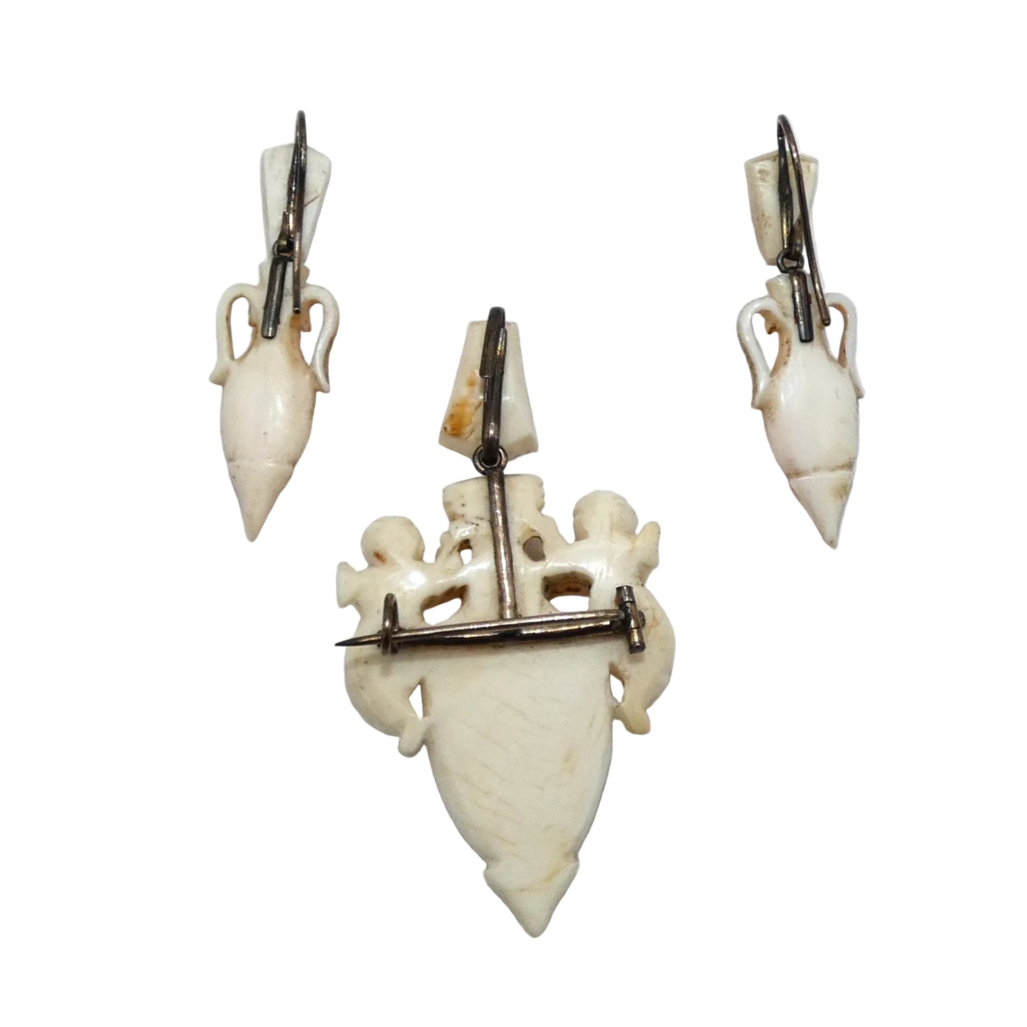 Victorian Angel Skin Coral Cherub & Amphora Pin Pendant & Earrings