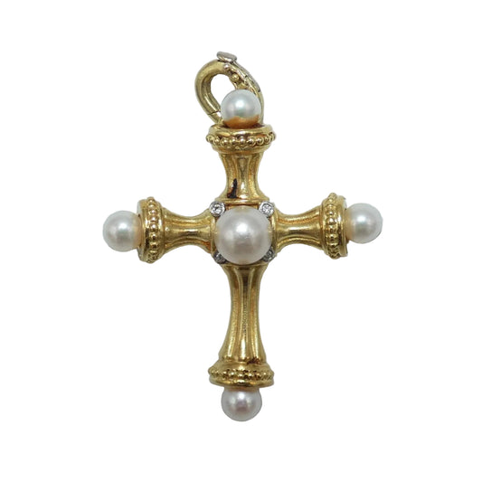 18K Gold Cross Pendant Enhancer with Cultured Pearls