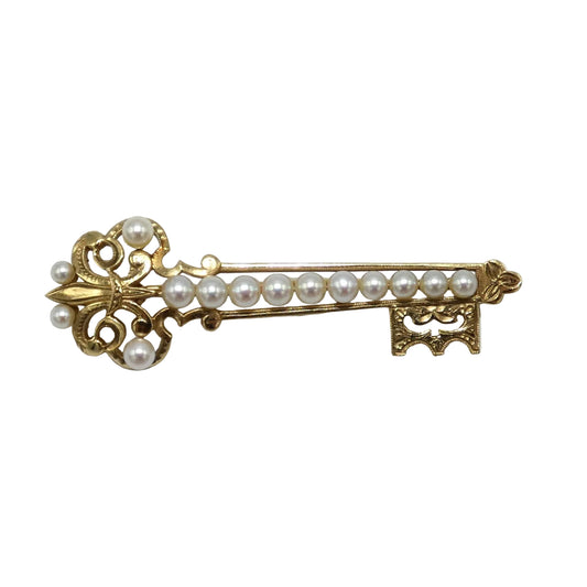 14K Gold Mikimoto Akoyo Key Brooch with Pearls