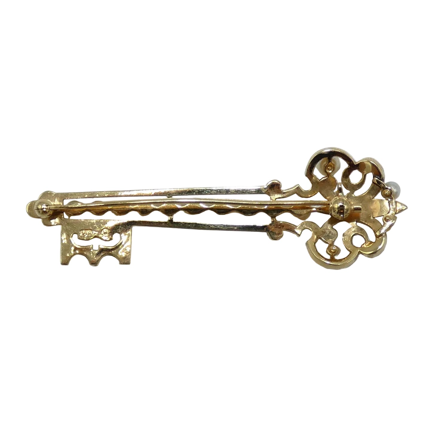 14K Gold Mikimoto Akoyo Key Brooch with Pearls
