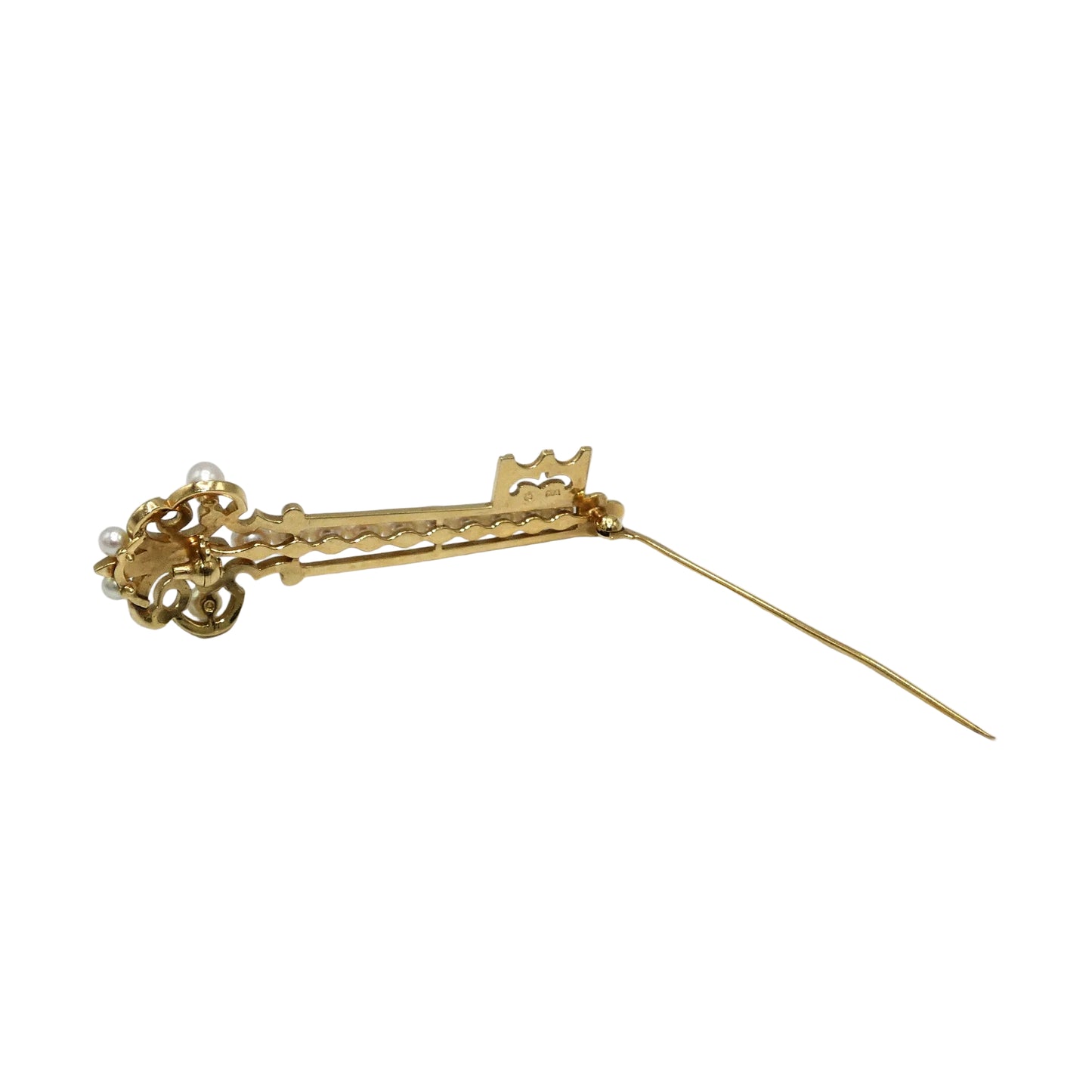 14K Gold Mikimoto Akoyo Key Brooch with Pearls