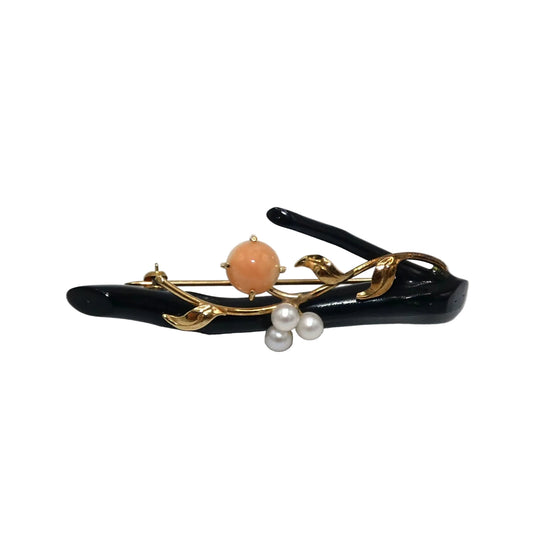 14K Gold Black Branch Brooch wtih Pearls & Angel Skin Coral