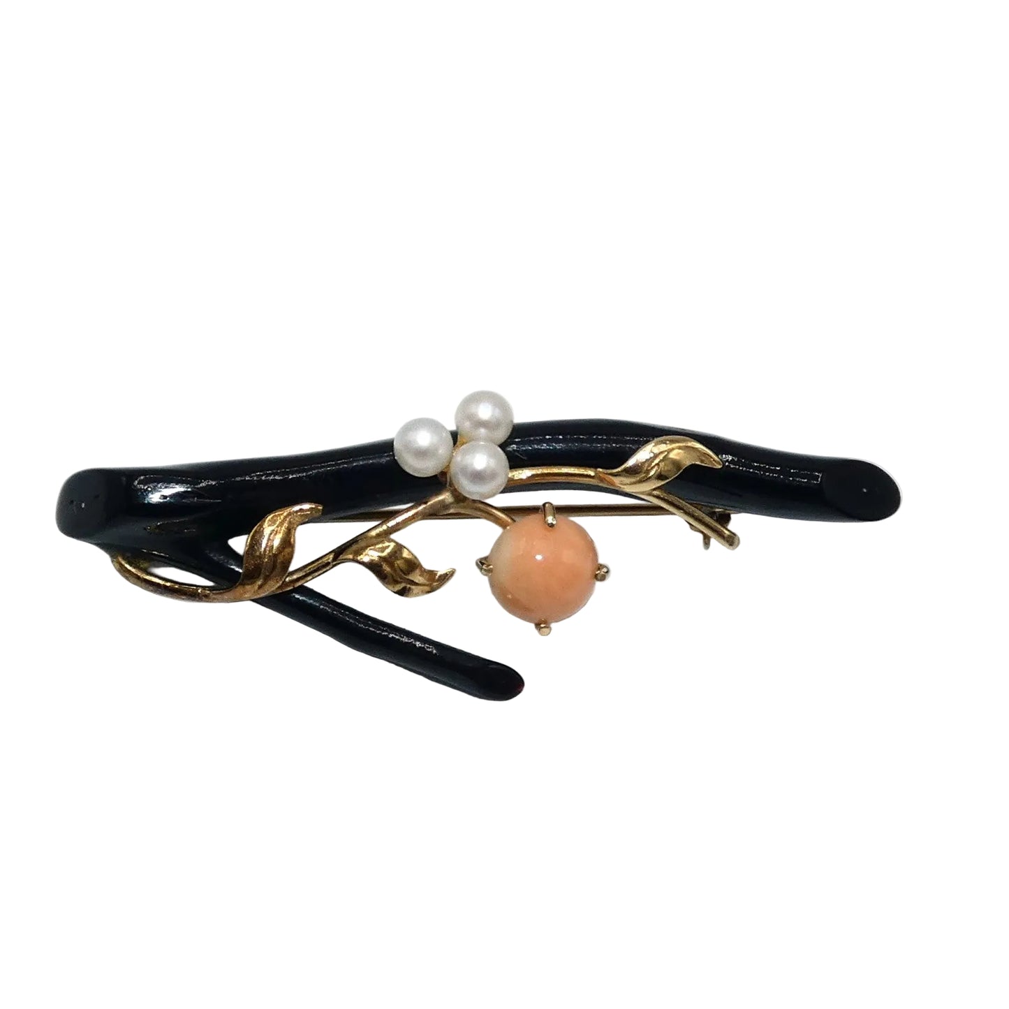 14K Gold Black Branch Brooch wtih Pearls & Angel Skin Coral