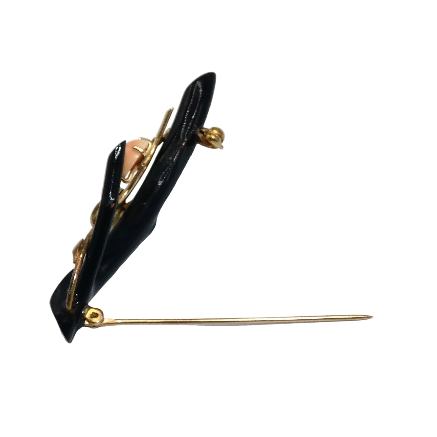 14K Gold Black Branch Brooch wtih Pearls & Angel Skin Coral