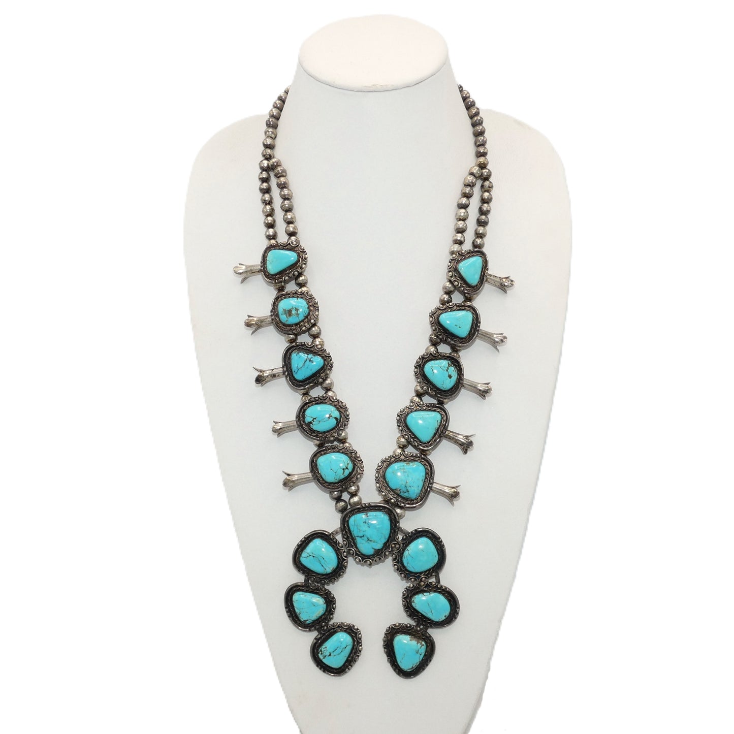 Vintage Sterling and Kingman Turquoise Squash Blossom Necklace