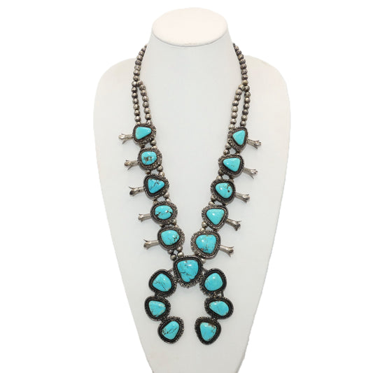 Vintage Sterling and Kingman Turquoise Squash Blossom Necklace