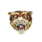 A tiger head brooch pin featuring a gold base with black and brown enamel stripes, a red interior, and diamond set in the eyes and mouth