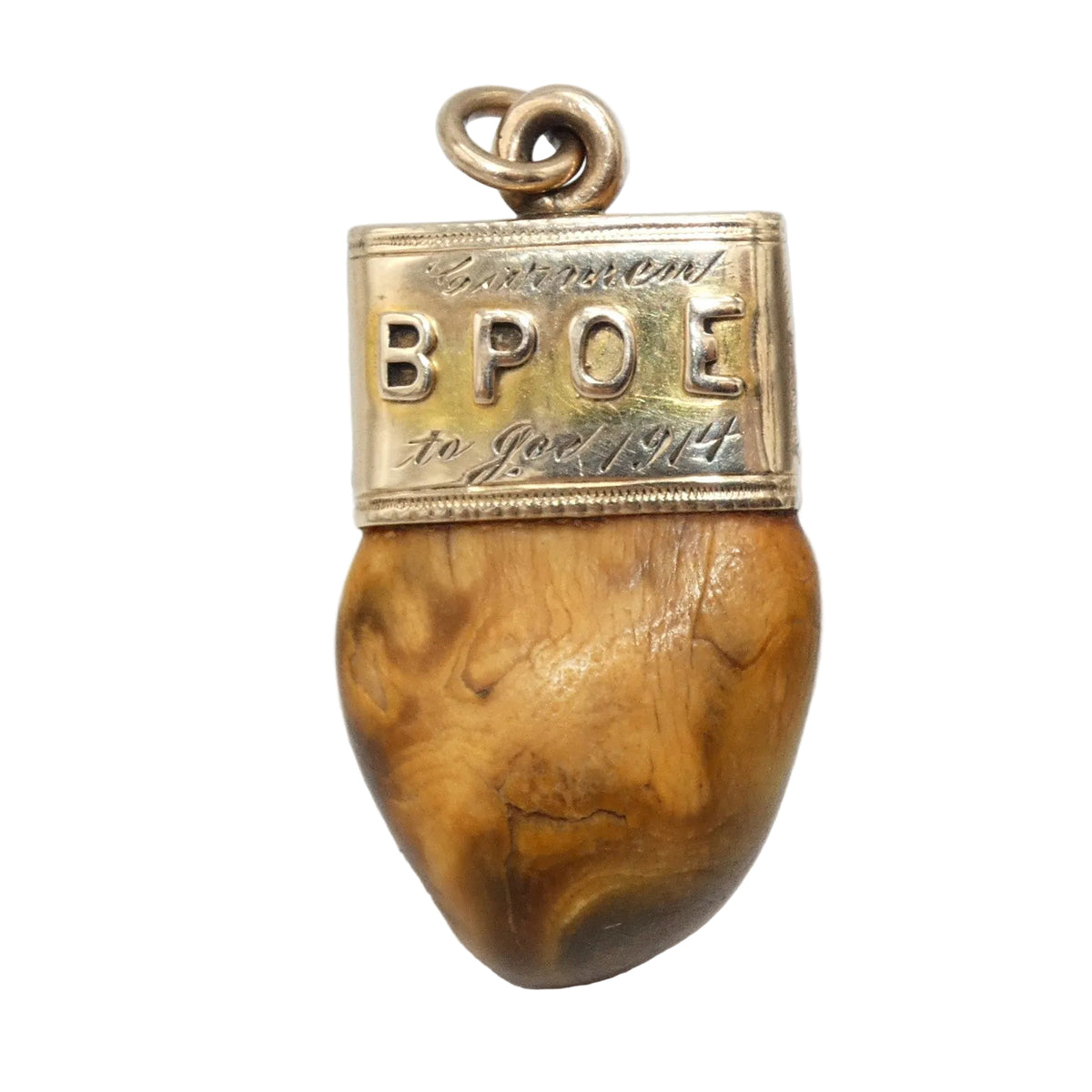 An elk tooth with 10k gold featuring an elk head motif with a circular clock face at the top, accented with a blue enamel center, a clear central stone, and two pink gemstones in the eyes