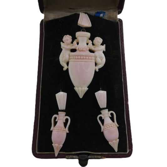 Victorian Angel Skin Coral Cherub & Amphora Pin Pendant & Earrings