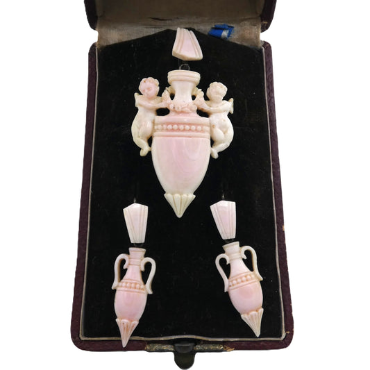 Victorian Angel Skin Coral Cherub & Amphora Pin Pendant & Earrings