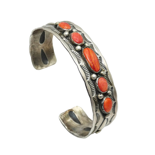 Vintage Navajo Sterling Silver Spiny Oyster Row Cuff by Lee Charlie Jr.