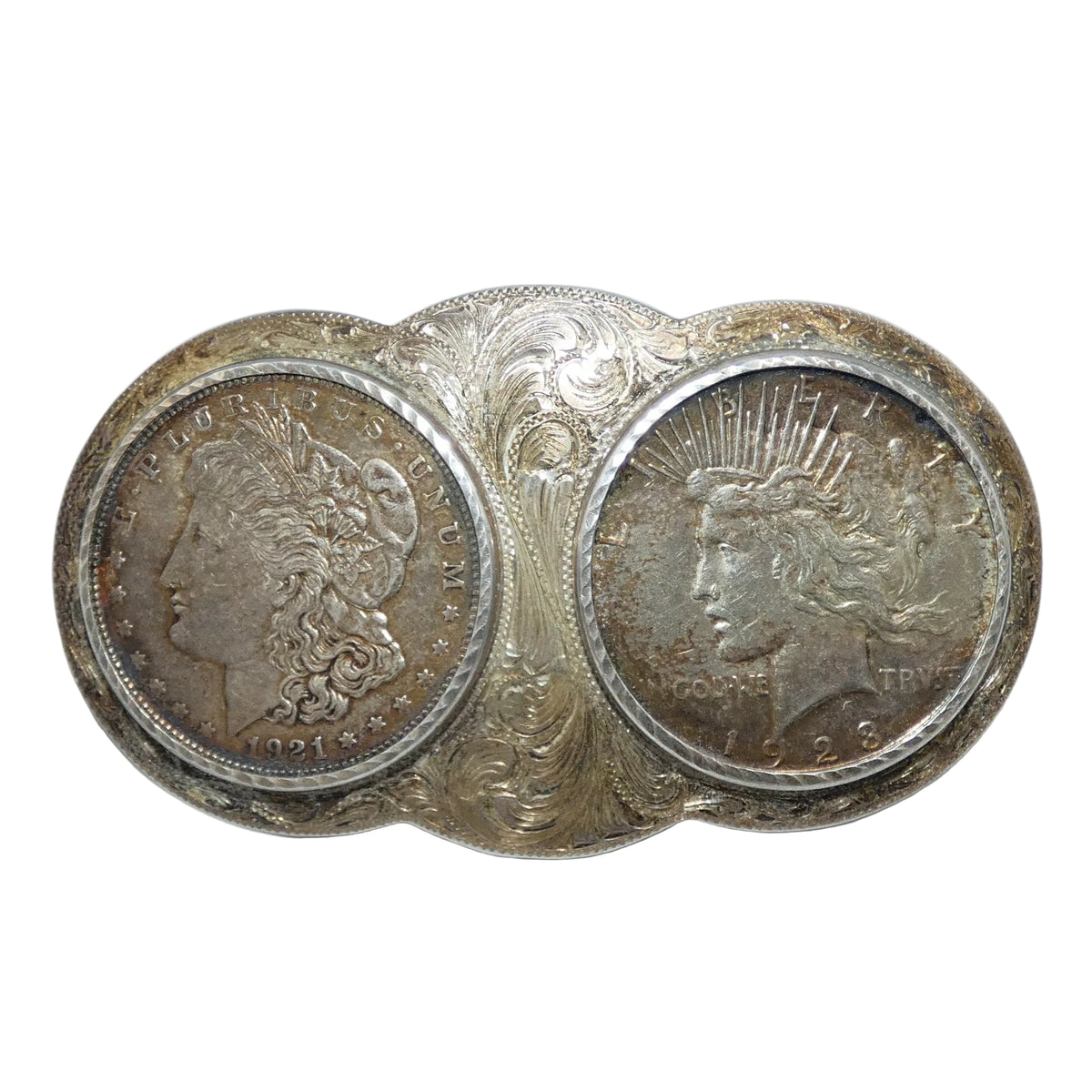 Wade's Sterling Shop Two Coin Buckle 1921 Morgan and 1923 Peace Dollars