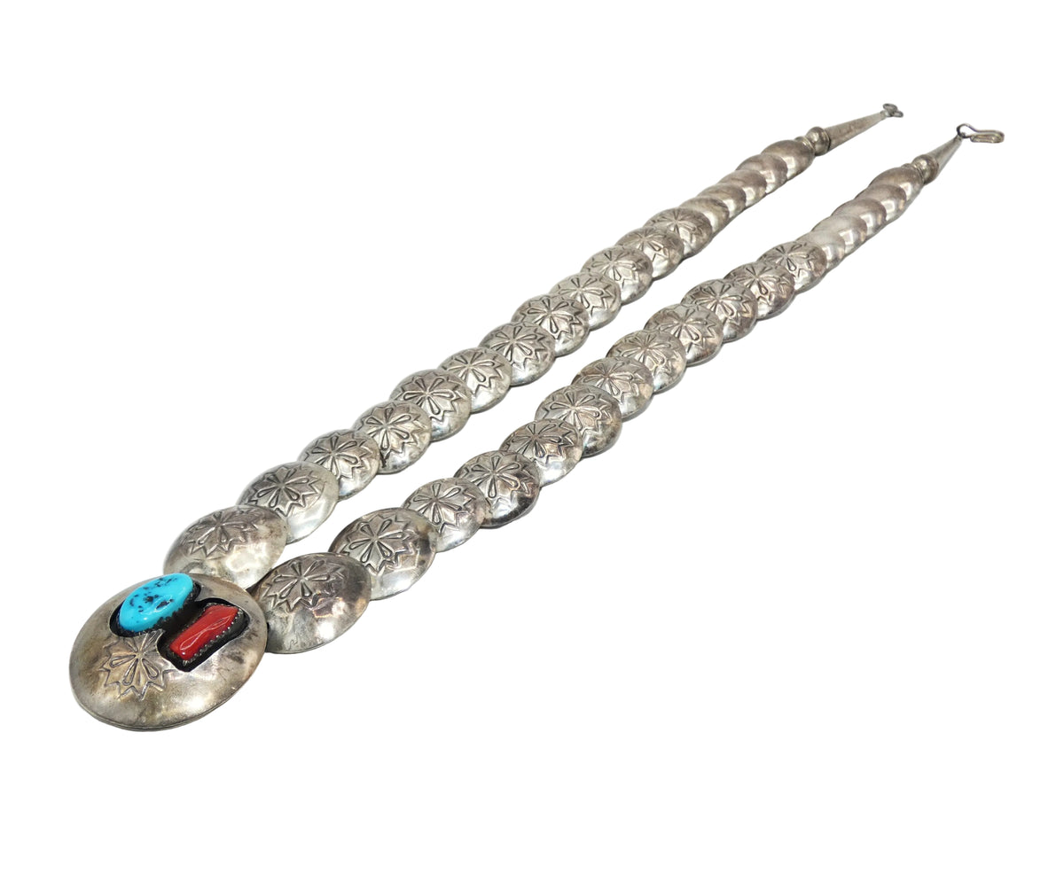 Vintage Tom Taylor Sterling Silver Turquoise & Coral Stamp Work Pillow Necklace
