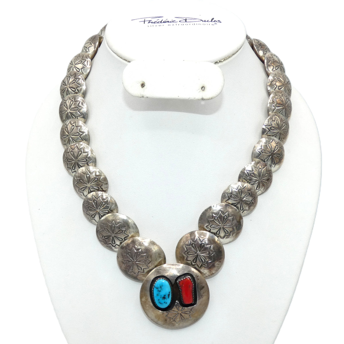 Vintage Tom Taylor Sterling Silver Turquoise & Coral Stamp Work Pillow Necklace