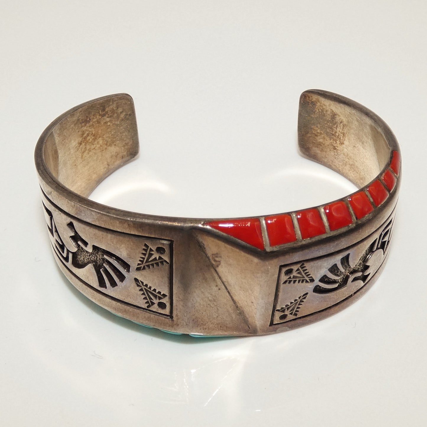 Heavy Sterling Turquoise and Coral Bracelet