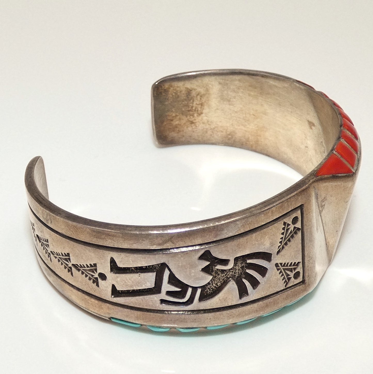 Heavy Sterling Turquoise and Coral Bracelet
