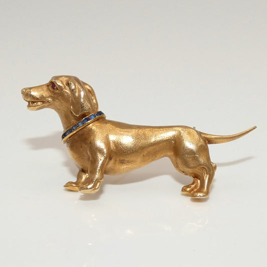 14K Gold with Sapphire Collar Dachshund Brooch Pin
