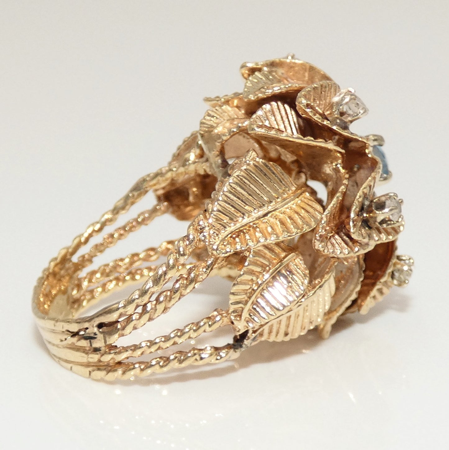 14K Gold Custom Flower Ring with Diamonds & Aquamarine
