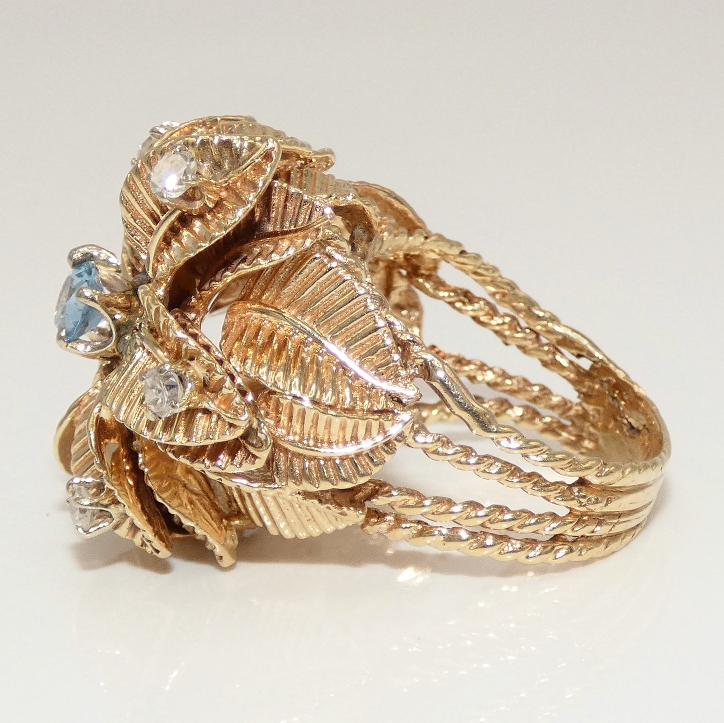 14K Gold Custom Flower Ring with Diamonds & Aquamarine