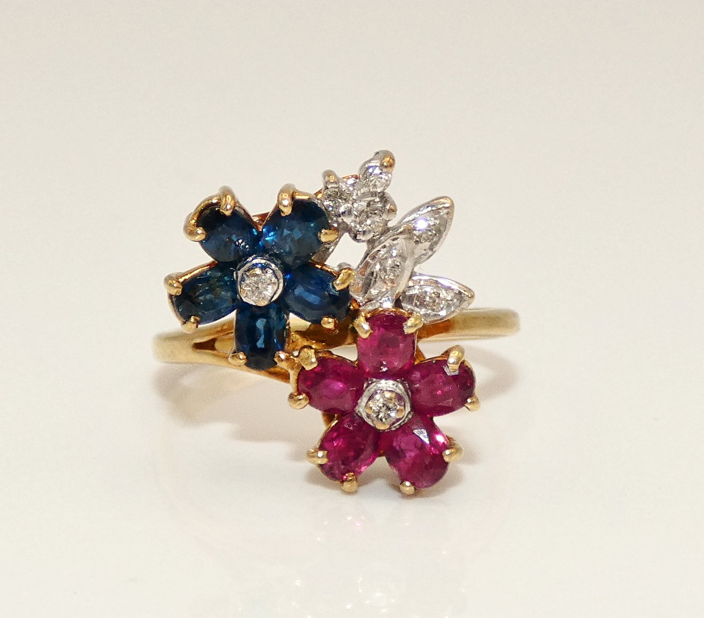 14K Gold Ruby, Sapphires, & Diamond Flower Ring
